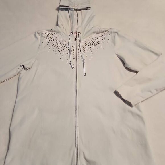 Quacker Factory EUC Rhinestone Embellished Zip Front Hoodie Light Gray Size Medi - Picture 1 of 9
